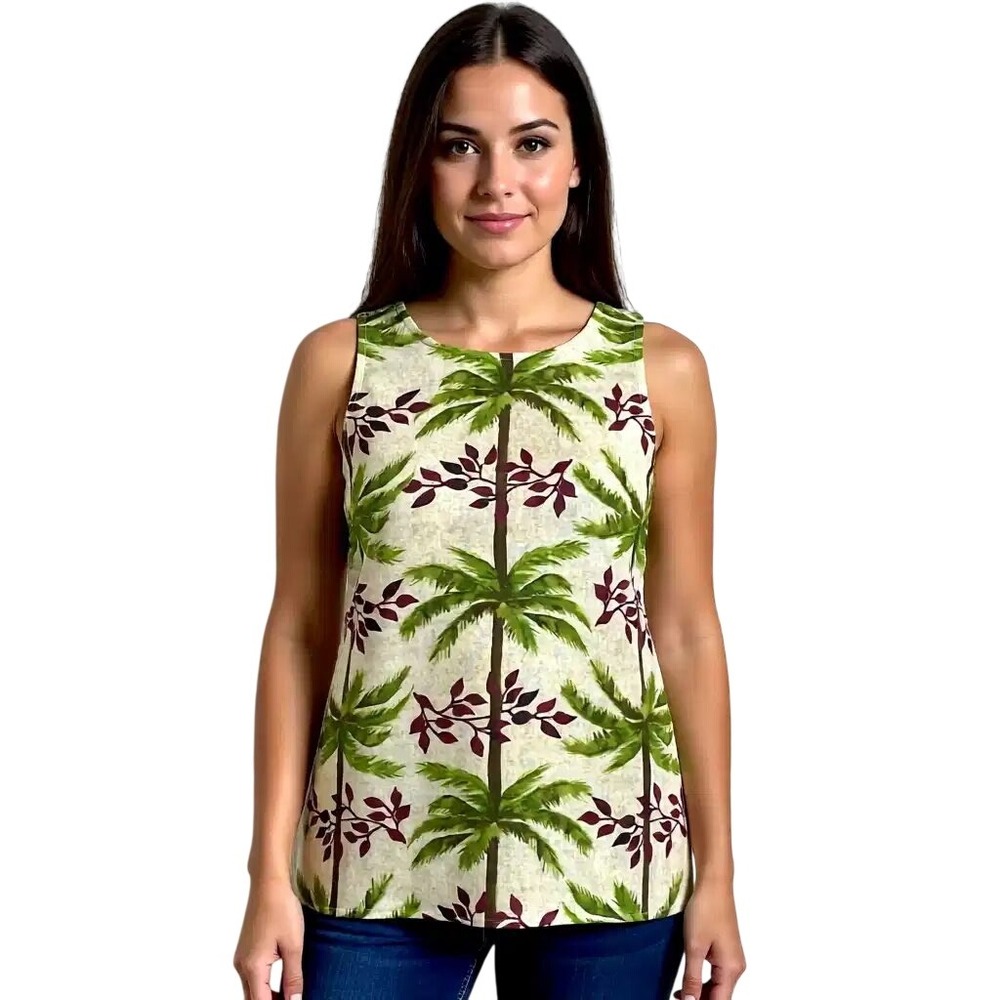 CeCe Women Palm Tree Print Sleeveless Linen Blend‎ Top Cream Green Size S NWT